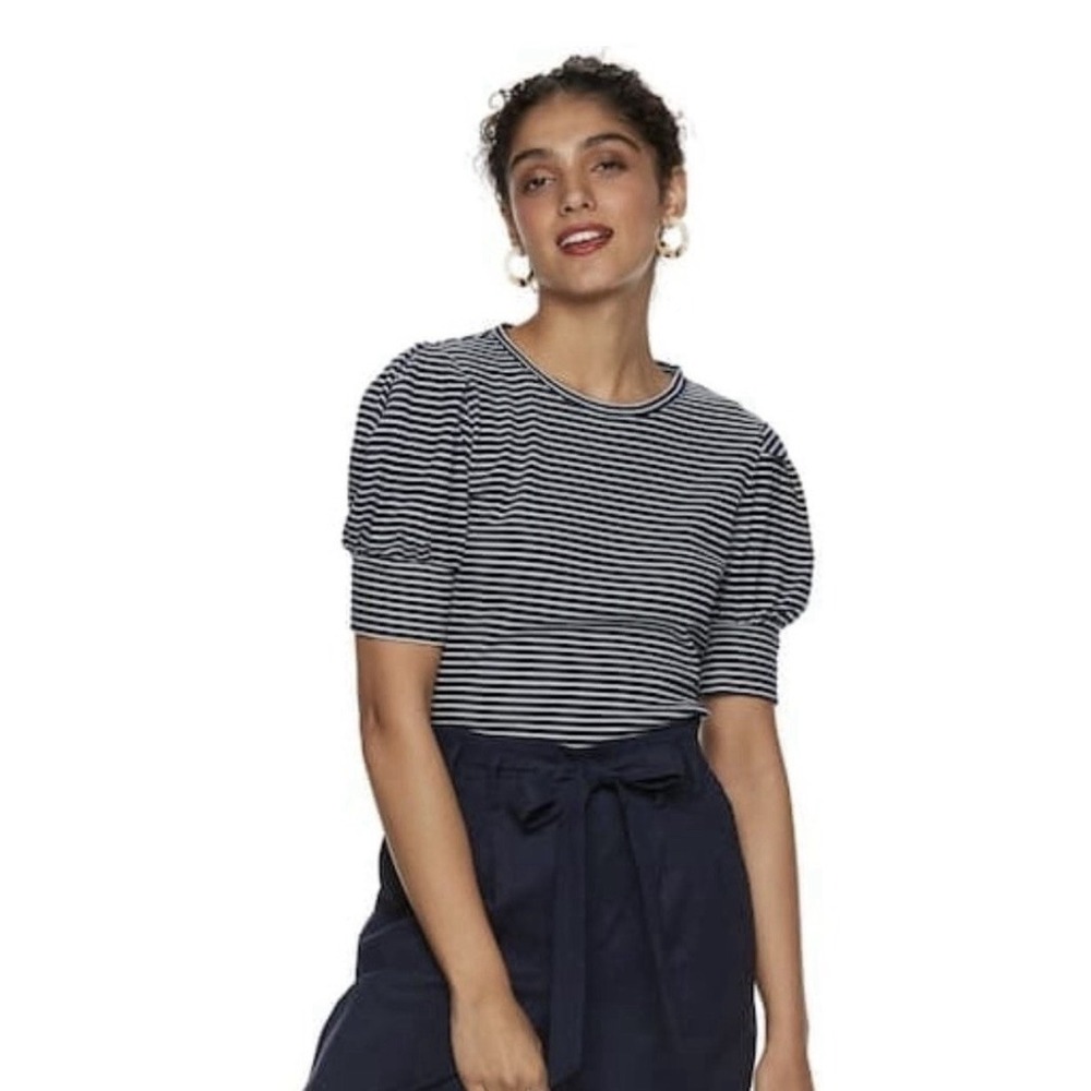 POP SUGAR Navy & White Stripe Stretch Puff Sleeve Size Medium
